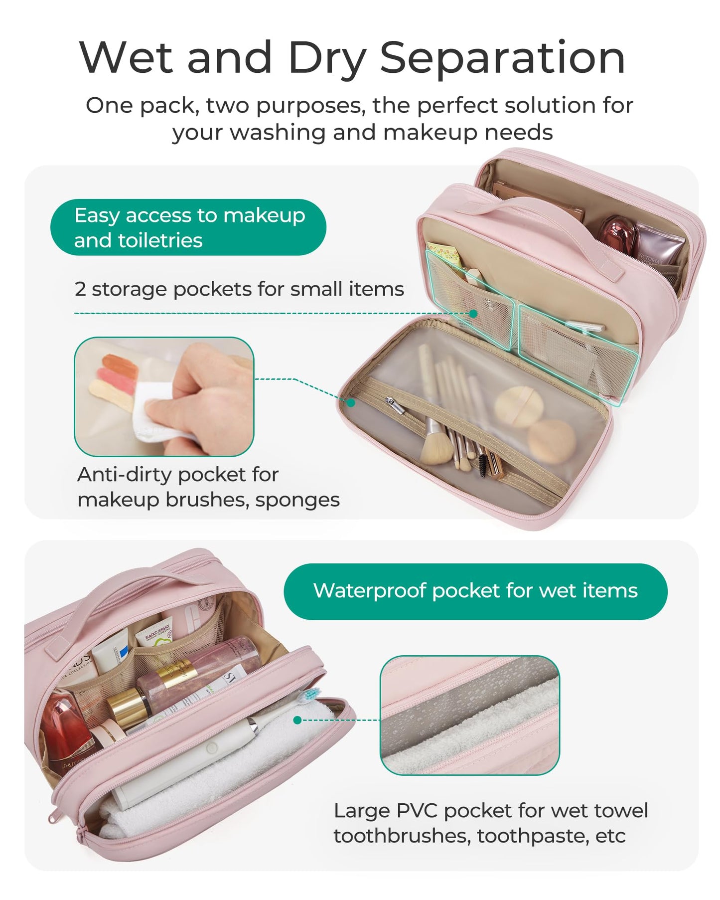BAGSMART Travel Makeup Bag, Large Capacity Cosmetic Bags for Women, Toiletry Bag with Handle, Water-resistant Make Up Bag Travel Organizer for Accessories, Full-size Container, Toiletries, Pink