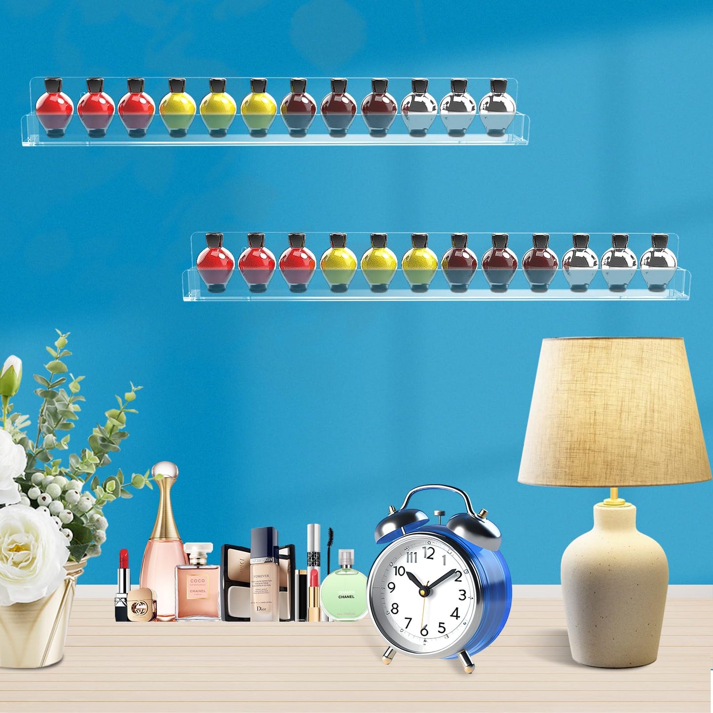SOVQUEST Nail Polish Shelf Wall 15 Inch Acrylic Clear Rack Sunglass Organizer Multi-Purpose Floating Shelves for Beauty Salons Retailer Dressing Room (12 PCs)