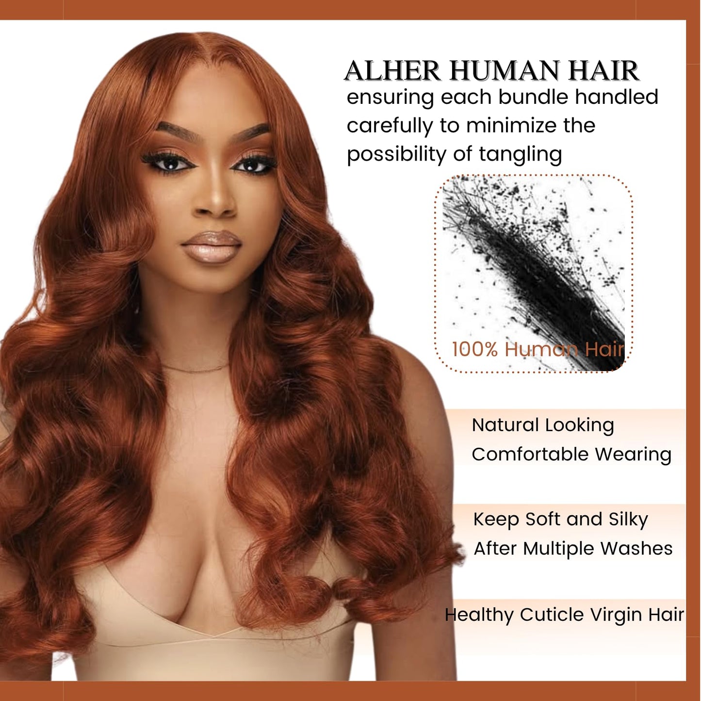 ALHER 33 Reddish Brown Body Wave Long Deep Part 2x6 Lace Closure, Copper Brown Colored 2x6 Kim K Closure Pre Plucked with Baby Hair, 12A 100% Brazilian Virgin Remy Human Hair for Black Women 14 Inch