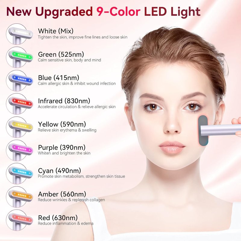 Red Light Therapy Wand - 9-in-1 Portable Facial Massager with Microcurrent & Vibration | Skincare Rejuvenation Tool for Women, Purple