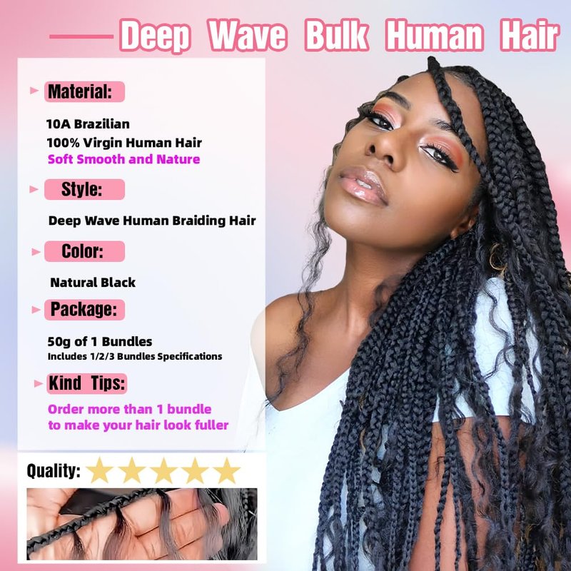 Human Braiding Hair - 16 Inch 100g Boho Braids | 10A Deep Wave Brazilian Virgin Wavy Extensions in Natural Black