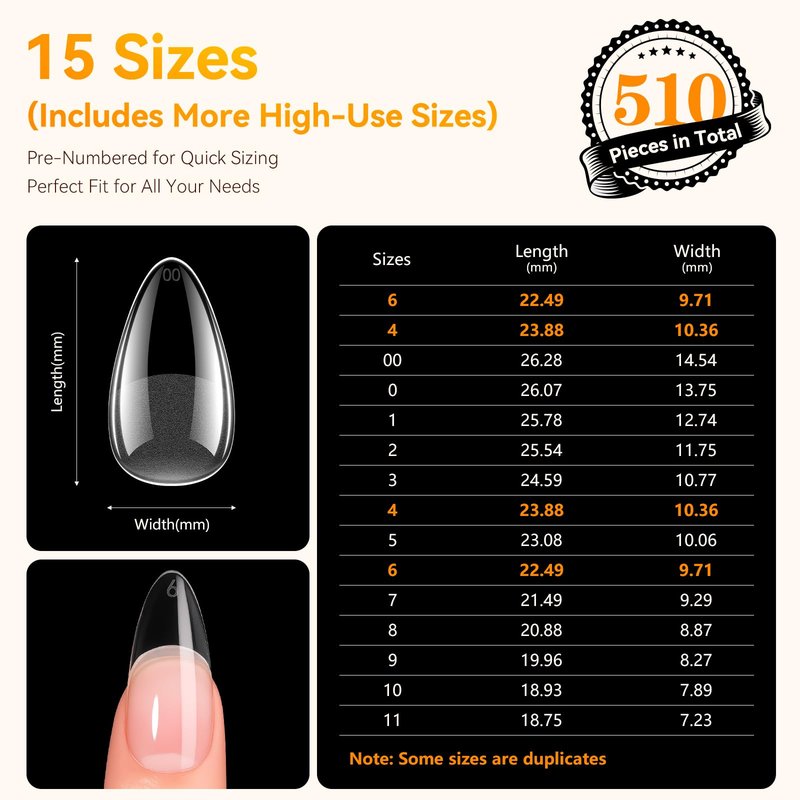 Makartt Almond Nail Tips: 510pcs Full Cover Medium Almond Fake Nails, 15 Sizes Soft Gel Half Matte Pre-shape Soak Off for Press on Nails DIY for Extension No Crease Acrylic Nail Manicure Salon Home