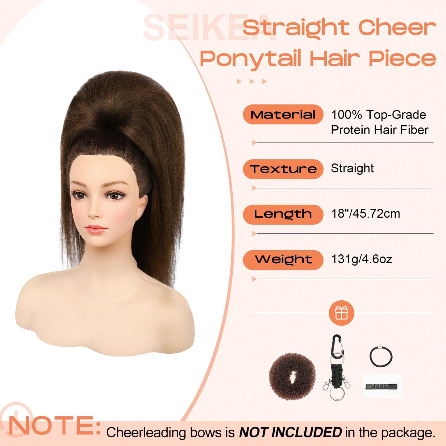 SEIKEA Cheer Ponytail Hair Piece, 100% Super Protein Fiber Straight Cheerleader Hairpiece Lightweight Silky Smooth Fluffy 18" Ponytail Extension for Cheerleader Competition, Dance Mocha Melt
