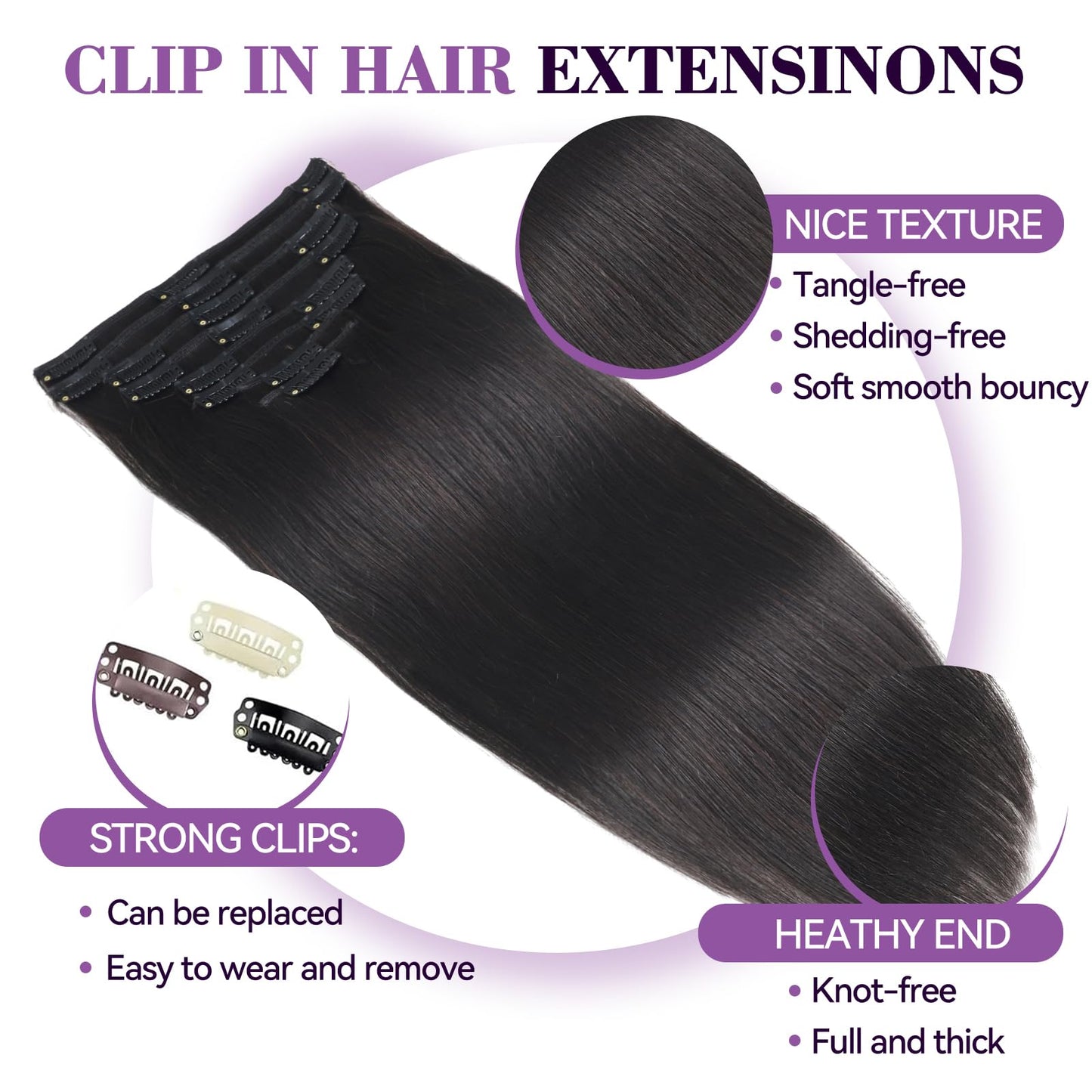 Clip in Hair Extensions Real Human Hair 16 inch 90g/3.2oz Straight Seamless Invisible Human hair Extensions Clip ins for Women Double Weft 8pcs #1B-Natural Black