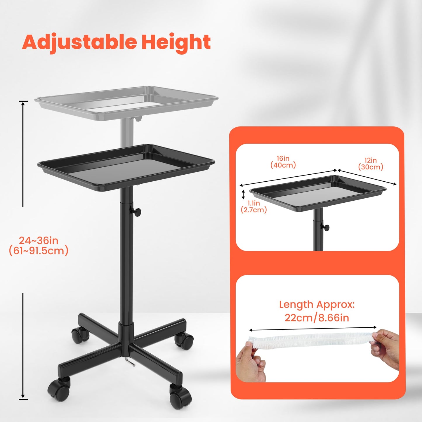 TASALON Rolling Salon Tray, Mobile Styling Station with Wheels Aluminum Rolling Tray Trolley for Salon Essentials, Adjustable Height or Hairstylist Tray with 10 PCS Disposable Salon Tray Cover