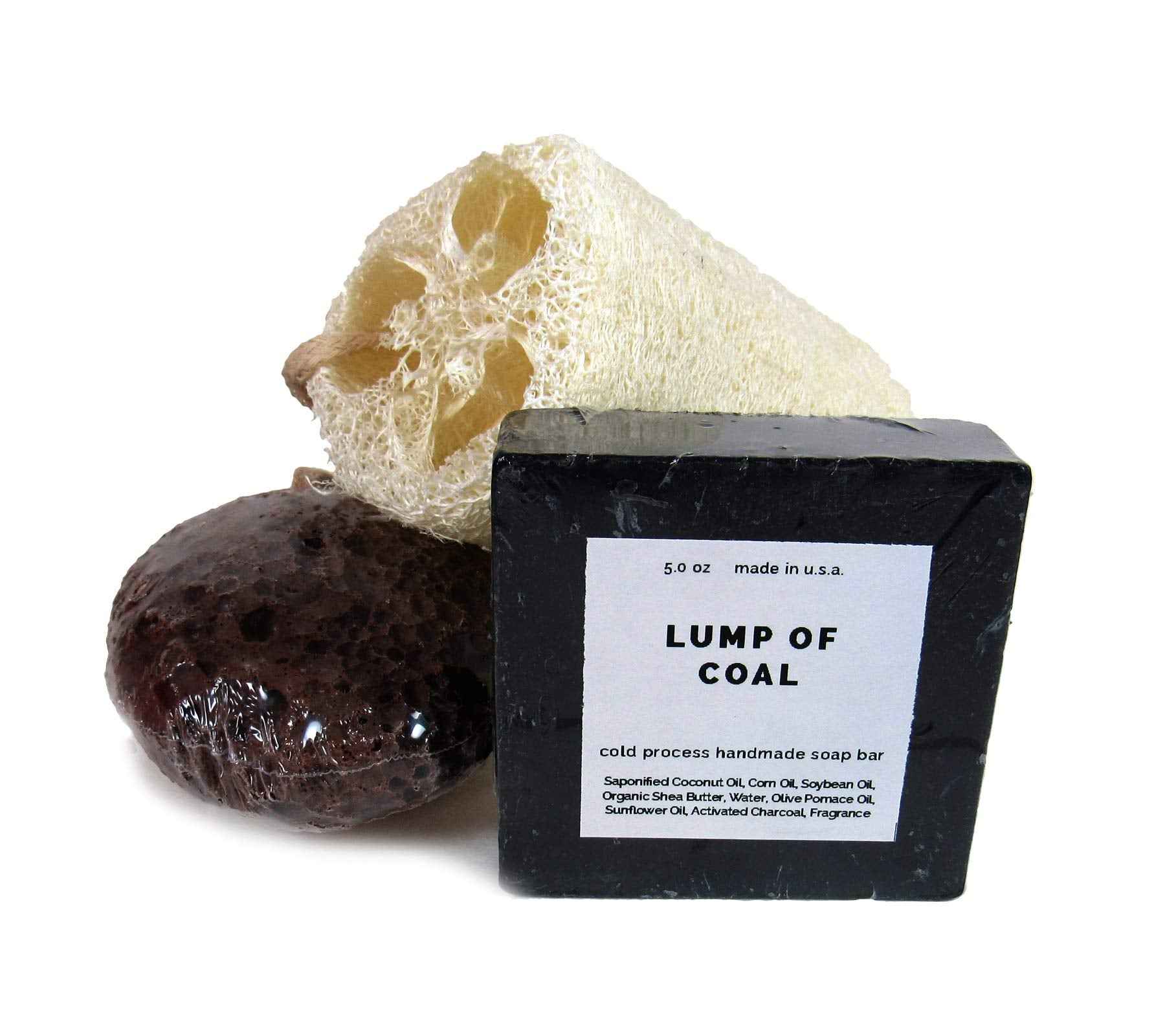Lump of Coal Gift For The Naughty List Novelty Activated Charcoal Bar Soap With Black Lava Foot Pumice Stone and Natural Loofah Bath Set