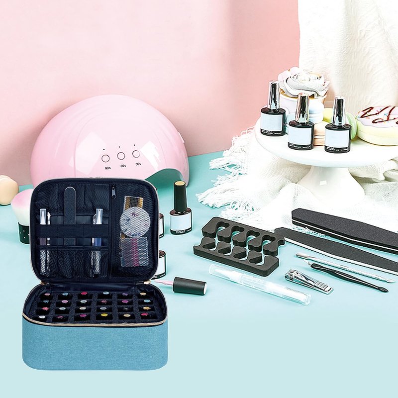 UOZL Nail Polish Organizer, Handheld Double Layer Organizer Holds 30 Bottles (15 ml/0.5 floz) with Adjustable Dividers for Nail Polish Small Manicure Lamp Manicure Tools and Travel,Light Green