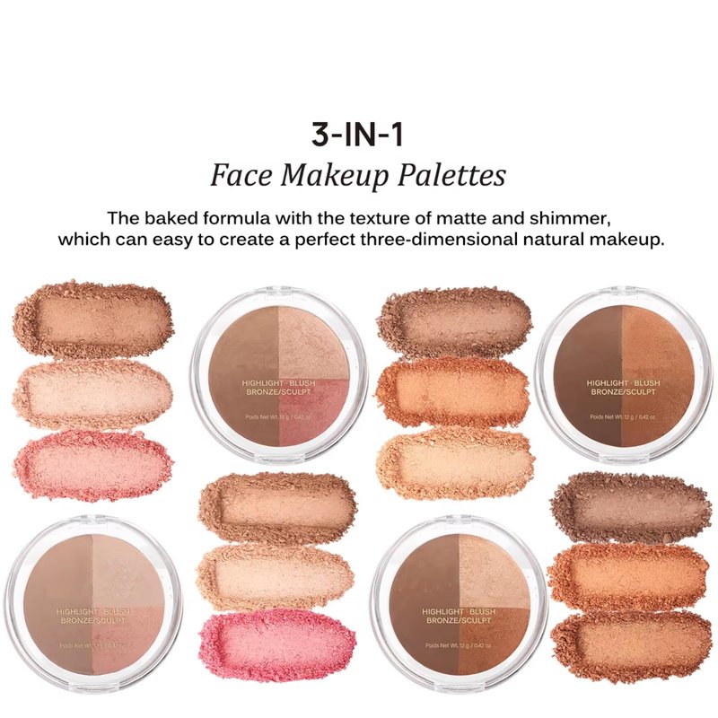 Baked Blush Highlight Bronze Powder 3-in-1 Contour Palette Sculpt Satin Silky Smooth Makeup Palettes Powder (001-Fair)
