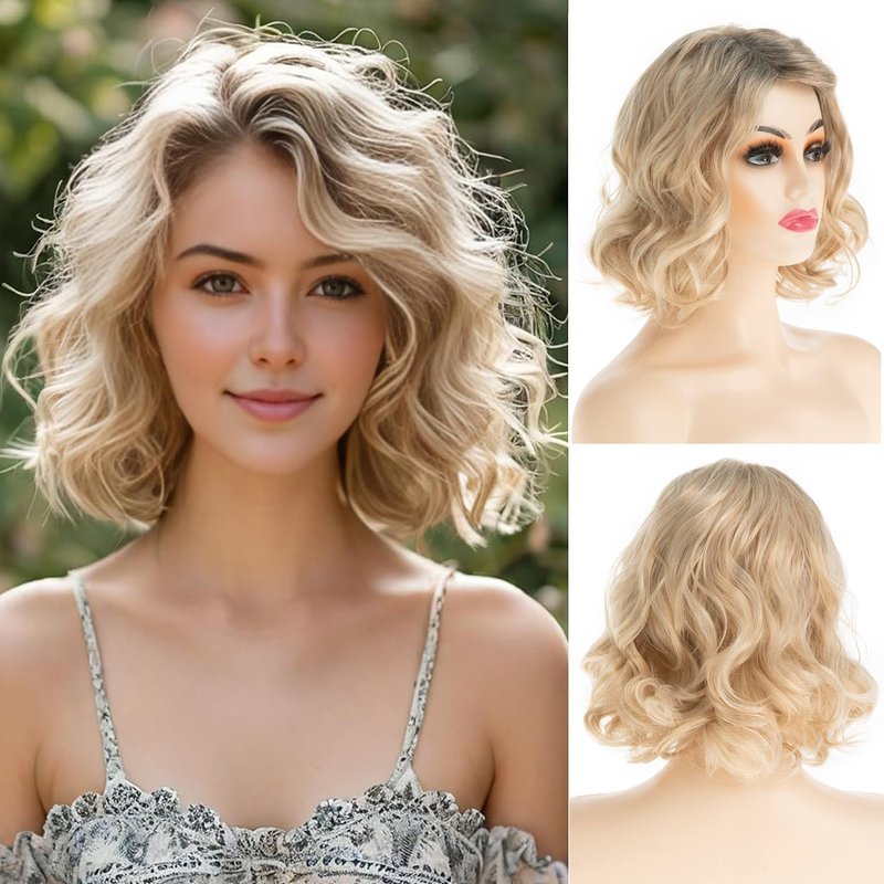 Baruisi Short Wavy Blonde Wig for Women Synthetic Side Part Halloween Cosplay Hair Wig