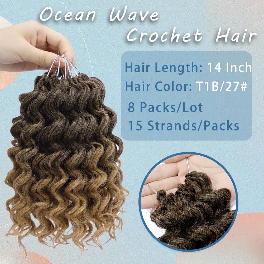 8 Packs Ocean Wave Crochet Hair for Women Short Water Wave Braiding Hair 14 Inch Curly Beach Curl Deep Twist Braids Synthetic Crochet Braids (14 Inch, T1B/27#)