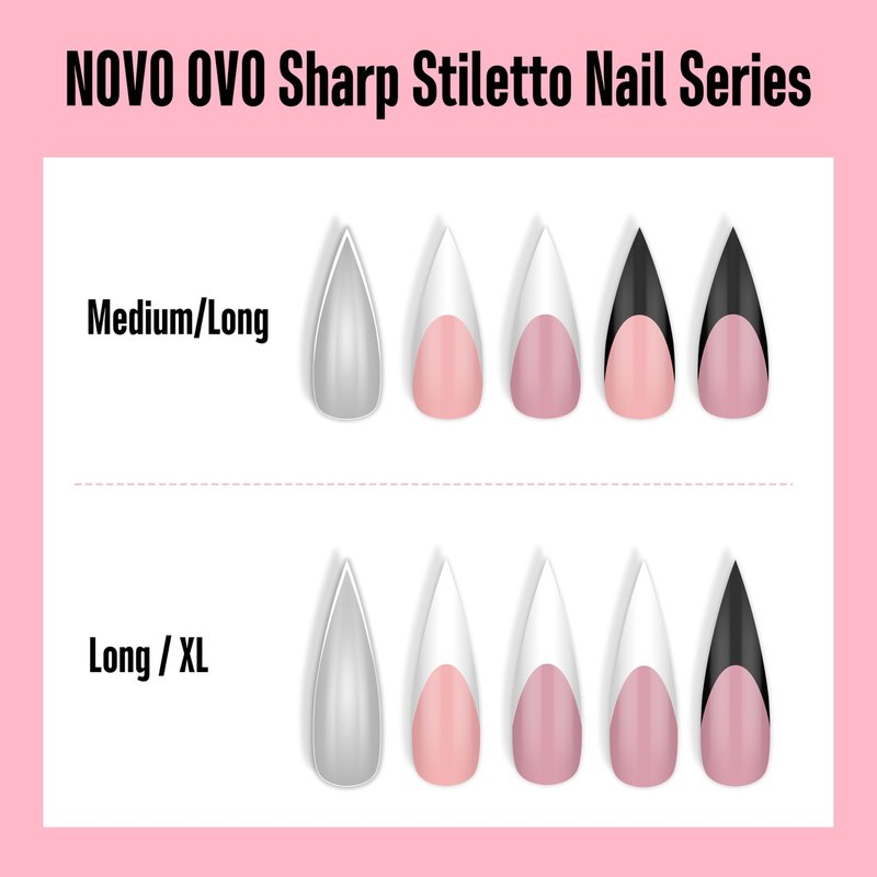 NOVO OVO White French Tip Long XL Sharp Stiletto Nail Tips Press on BERRY PINK, Soft Gel Double Matte Fake Nail Extension, Full Cover False Nails for Acrylic DIY x 16 Sizes 160 pcs