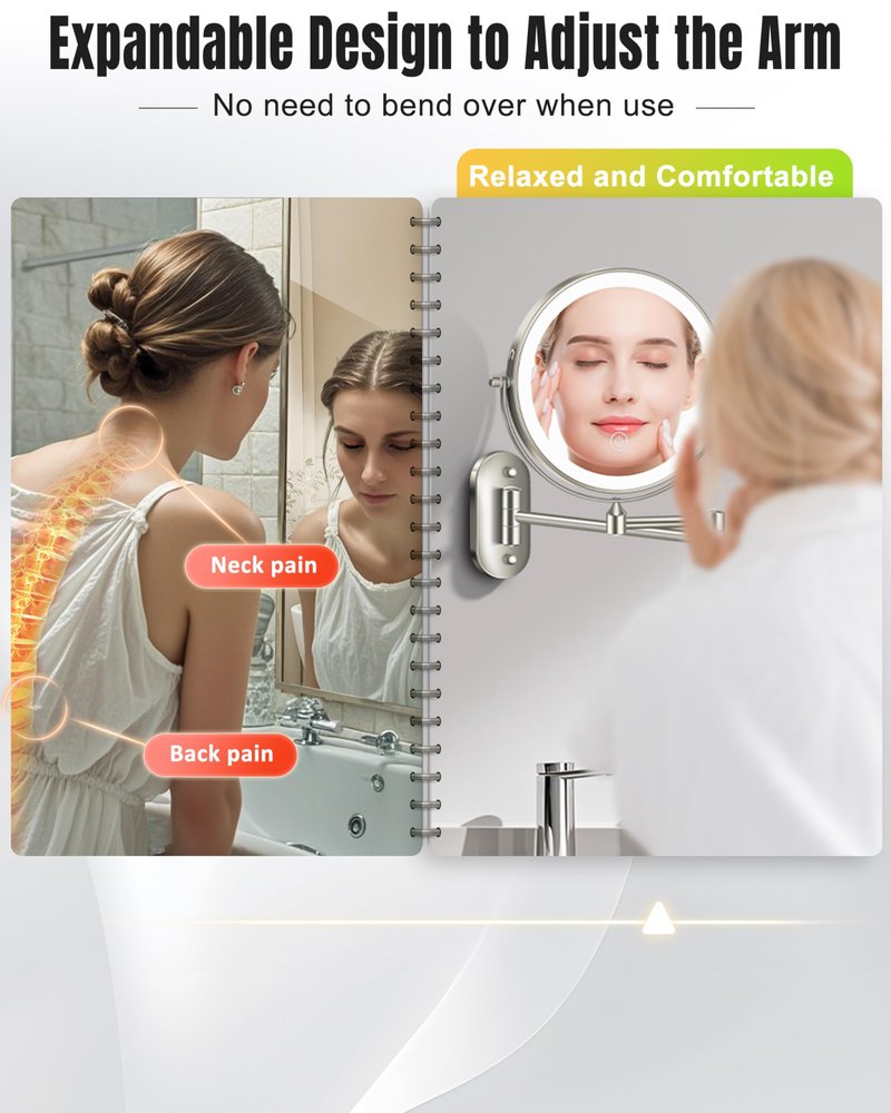 Wall Mounted Makeup Mirror with Light, 30X/1X 8'' Double Sided LED Magnifying Bathroom Lighted Vanity Mirror with Magnification, 3 Color Light up Touch Dimmable Extended Arm 360 Rotation