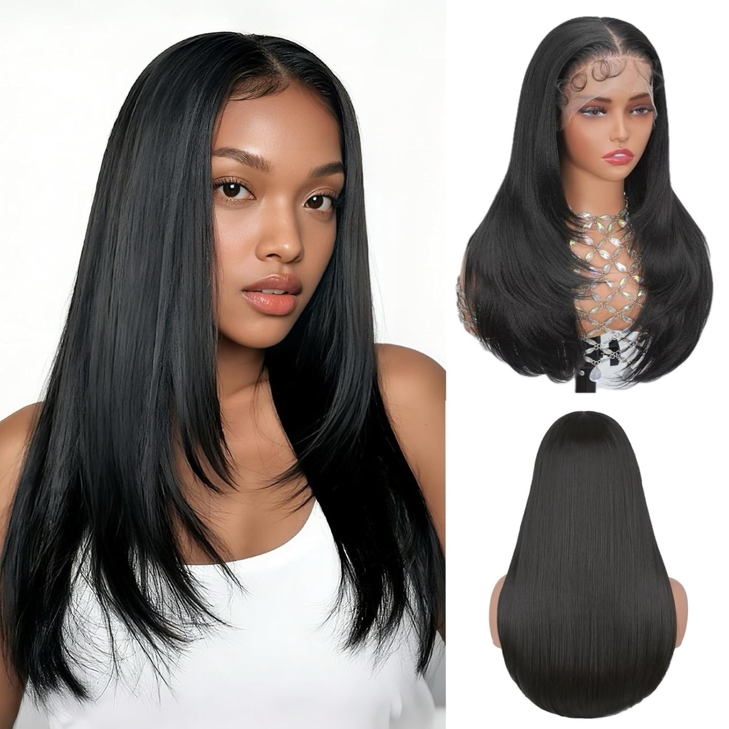 13x6 HD Synthetic Lace Front Wig - Glueless Pre Plucked Hairline, Long Yaki Straight for Black Women | 24 Inch Natural Black