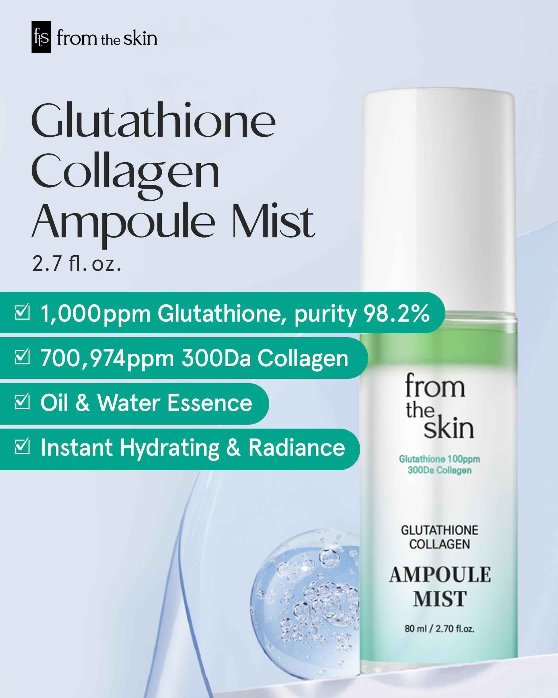FROM THE SKIN Glutathione Collagen Ampoule Mist – Rejuvenating Facial Serum Spray for Hydration and Collagen Boost - Panthenol, Lactobacillus - For All Skin Types, 2.7 fl.oz.