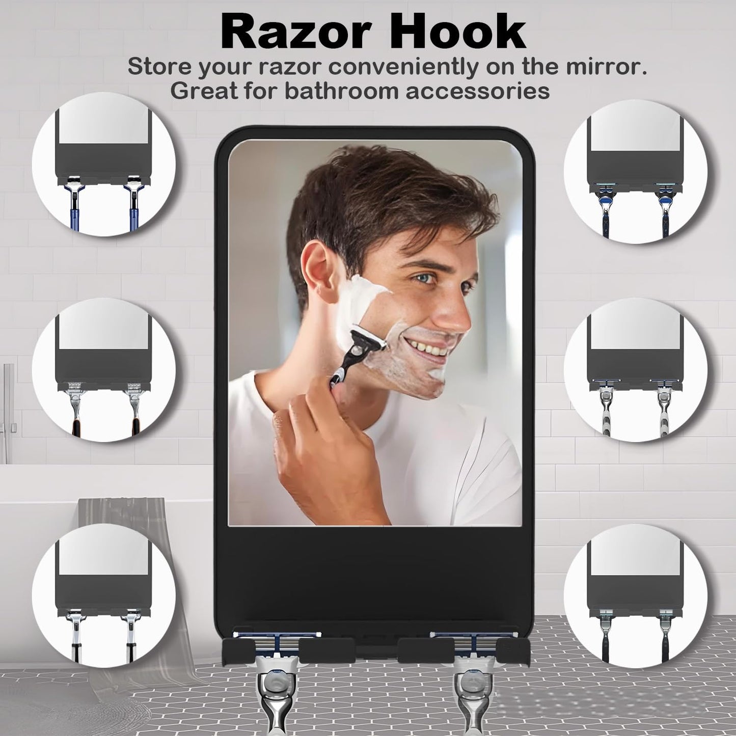 Infitrans Shower Mirror for Shaving Fogless with Multifunctional Storage for Razor and Shaving Foam Canister, Adhesive or Screw Optional Installation,Adjustable Angle, Black