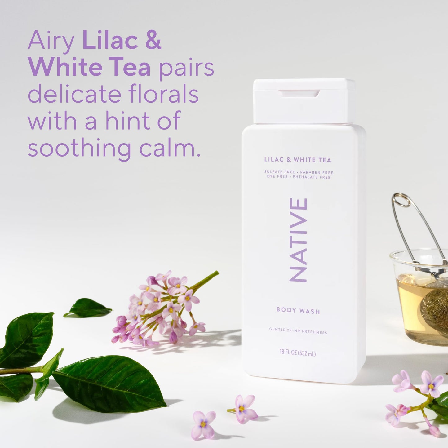 Native Clean Body Wash, Gentle & pH-balanced for Sensitive Skin, 24-Hr Freshness for Women & Men, Vegan & Cruelty-Free, Free of Sulfates, Parabens & Phthalates, Lilac & White Tea, 18fl oz