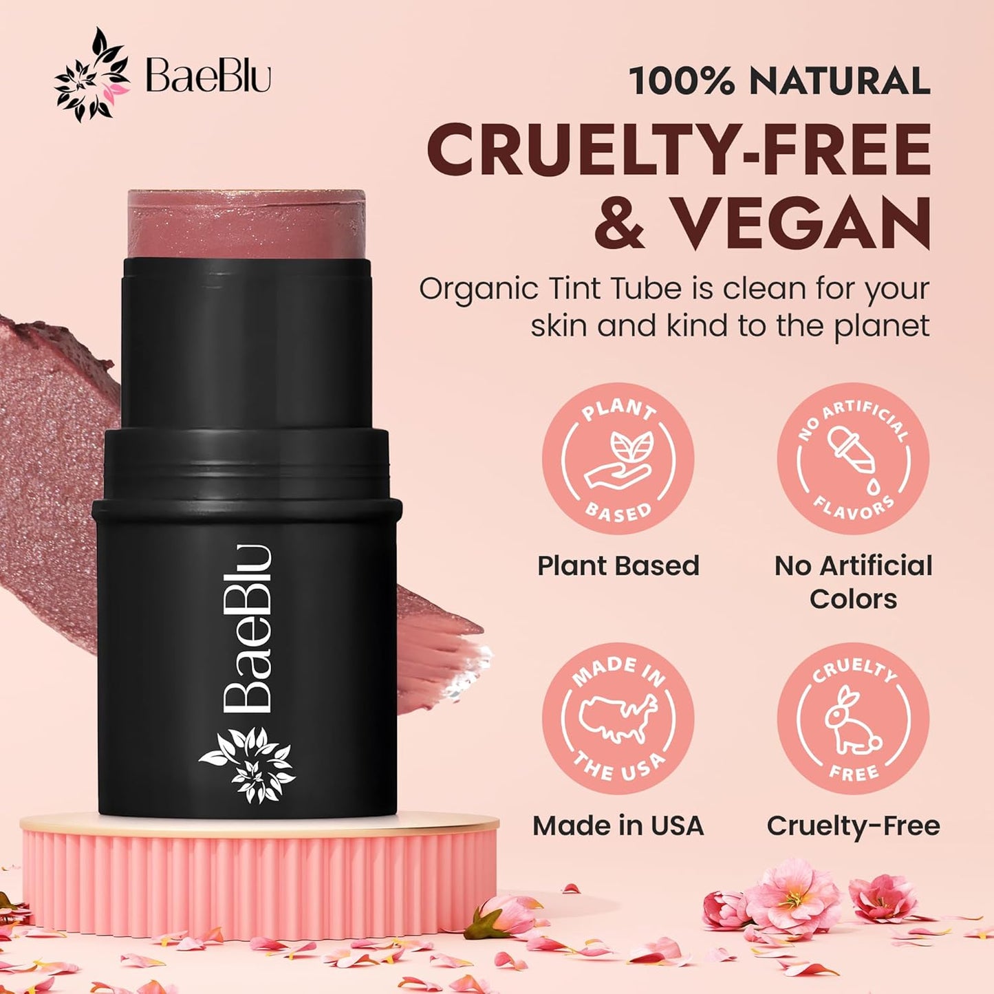 Organic Blush Tube - Cabernet | 100% Natural Vegan Cream Blush Stick for Lips, Cheeks & Eyes - Buildable Shimmer, Gluten-Free