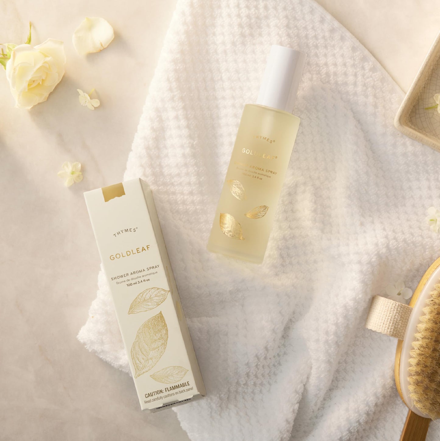 Thymes Daily Shower Spray for a Spa Like Experience - Home Essentials - Mist Scented with Jasmine, Rose, Hyacinth, Lily of the Valley & Oak Moss (Goldleaf Shower Spray, 3.4 fl oz)