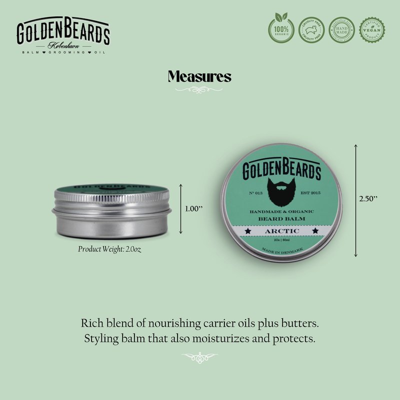 Golden Beards Organic Beard Balm Arctic – Shea, Cocoa & Beeswax Blend with Peppermint, Tea Tree & Orange Scent – 60ml Vegan Handmade Styling Balm for Beard Hydration & Freshness, Handmade in Denmark.