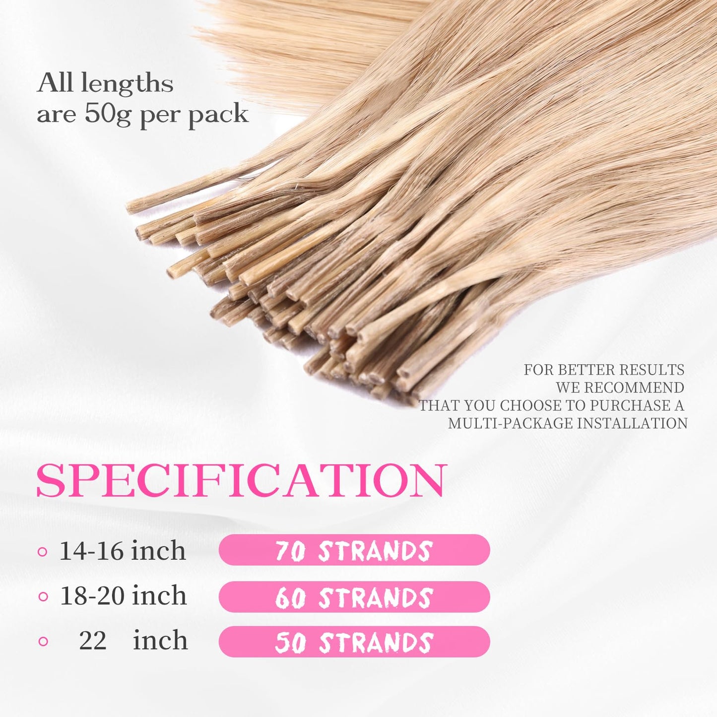 Eliysako I Tip Hair Extensions Human Hair 50g/pack Blonde Itip hair Dark Blonde Mix Bleach Blonde 20inch Itip Human Hair Extensions Real Soft Nature Cold Fusion