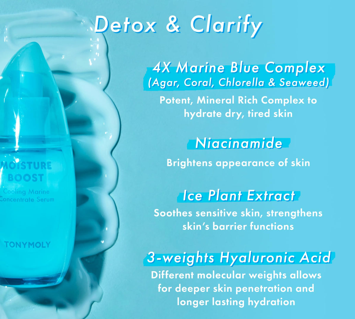 TONYMOLY Moisture Boost Hydrating Serum – Cooling Marine Concentrate with Chlorella, Seaweed & Niacinamide, Lightweight Face Moisturizer, 3 oz