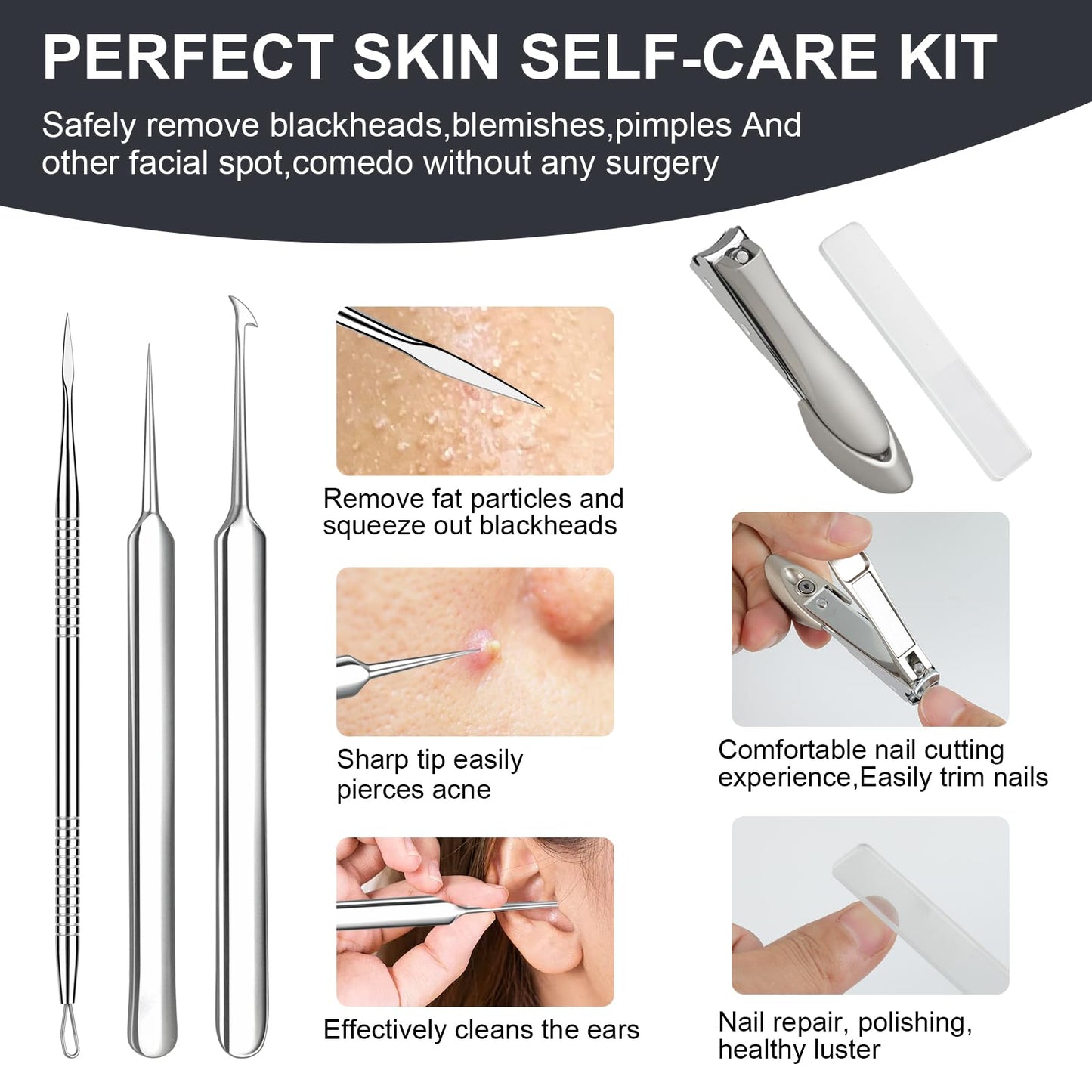 12PCS Professional Salon Grade Blackhead Remover Tool Kit, Comedone Extractor Set for Facial Acne Pimple Blemish Whitehead, Comes with 10X Magnifying Mirror & 20 Alcohol Prep Pads