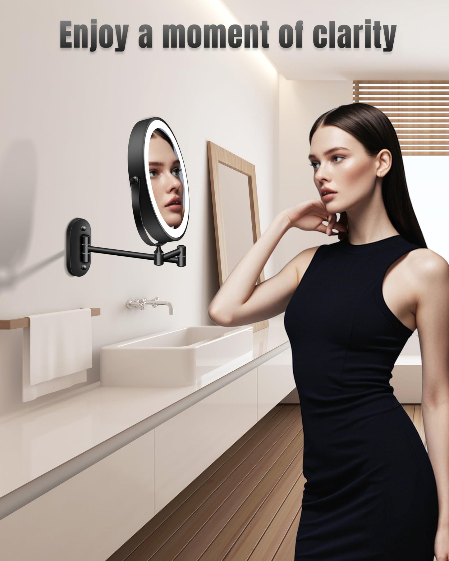 Wall Mounted Makeup Mirror with Light, 30X/1X 8'' Double Sided LED Magnifying Bathroom Lighted Vanity Mirror with Magnification, 3 Color Light up Touch Dimmable Extended Arm 360 Rotation