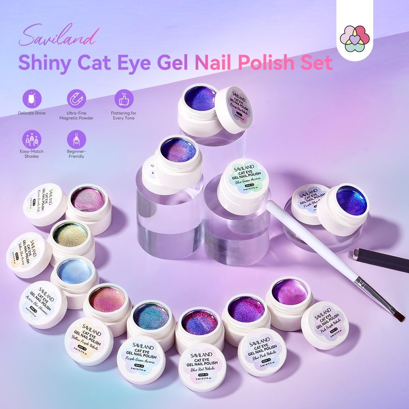 SAVILAND Color Artistry Cat Eye Gel Nail Polish Set: 2026 12 Colors 5ml Crystal Shiny Gloss Cateye Gel Polish Aurora Borealis Pink Blue Magnetic Gel Polish Glitter Gel Nail Polish Gifts Home DIY