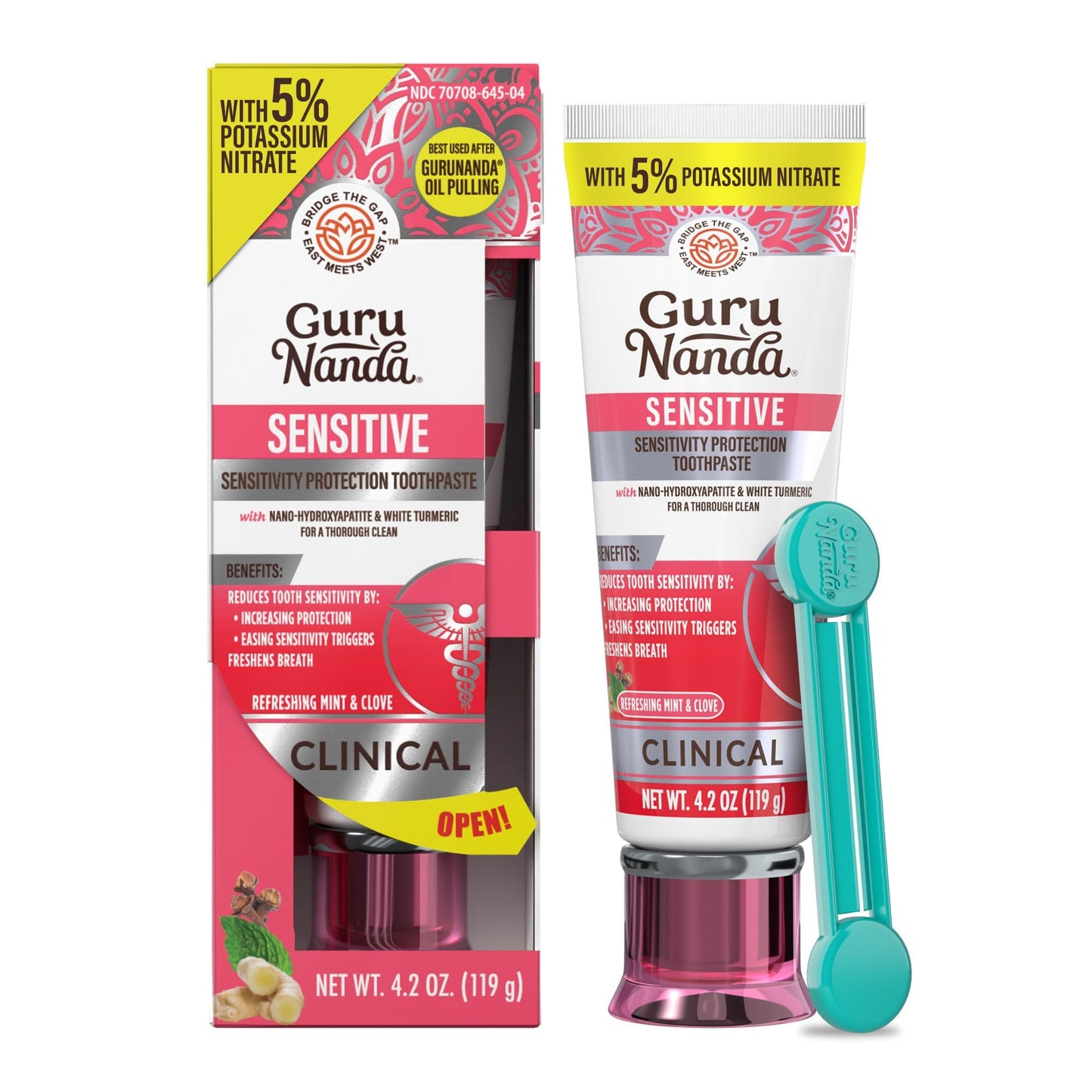 GuruNanda Sensitive Toothpaste – 5% Potassium Nitrate for Tooth Sensitivity Relief, with Nano-Hydroxyapatite,Xylitol & White Turmeric, with Toothpaste Squeezer, Natural Clove Mint, 4.2 oz