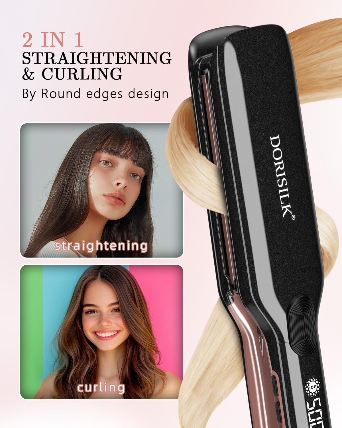 DORISILK 500 Degree High Temp Professional Hair Straightenr ， Ceramic Wide Flat Iron ，2 in 1 Hair Straightener and Curler，Plasma Flat Iron Get Frizz-Free and Shiny