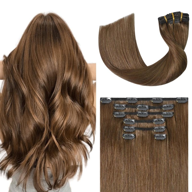 UGOTRAYS Light Brown Hair Extensions Clip in Human Hair 18 Inch 70g 7pcs Remy Hair Silky Straight 16clips One Pack for Women #6 Chestnut Brown Hair Extensions
