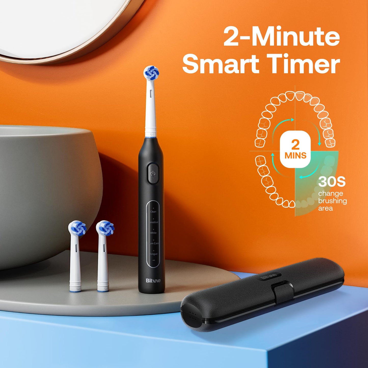 Bitvae Rotating Electric Toothbrush 2 Packs for Adults with Pressure Sensor, Gifts for Men/Women, 5 Modes Rechargeable Power Toothbrush with 8 Brush Heads, Black & White, R2