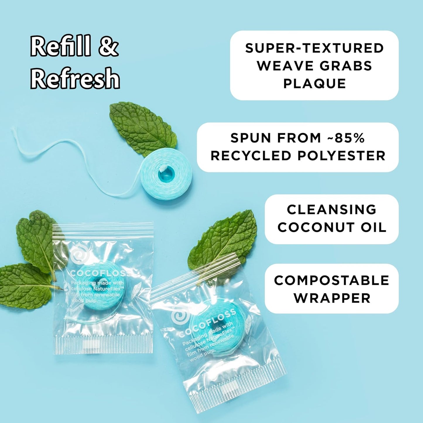 Cocofloss Expanding Woven Dental Floss Refill - Waxed Mint Tooth Floss for Daily Oral Care | Vegan, 3 Pack