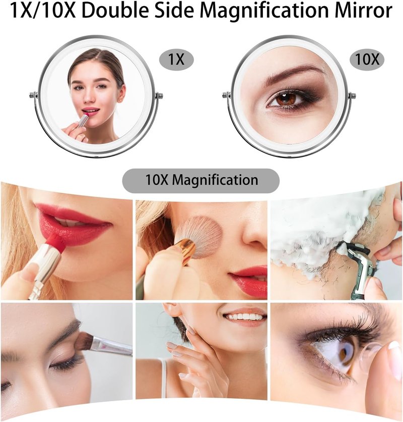 Rechargeable 8” LED Makeup Mirror - 1X/10X Magnifying, Height Adjustable, 3 Color Dimmable Lights | 360° Rotation - Perfect Gift for Women (Silver)