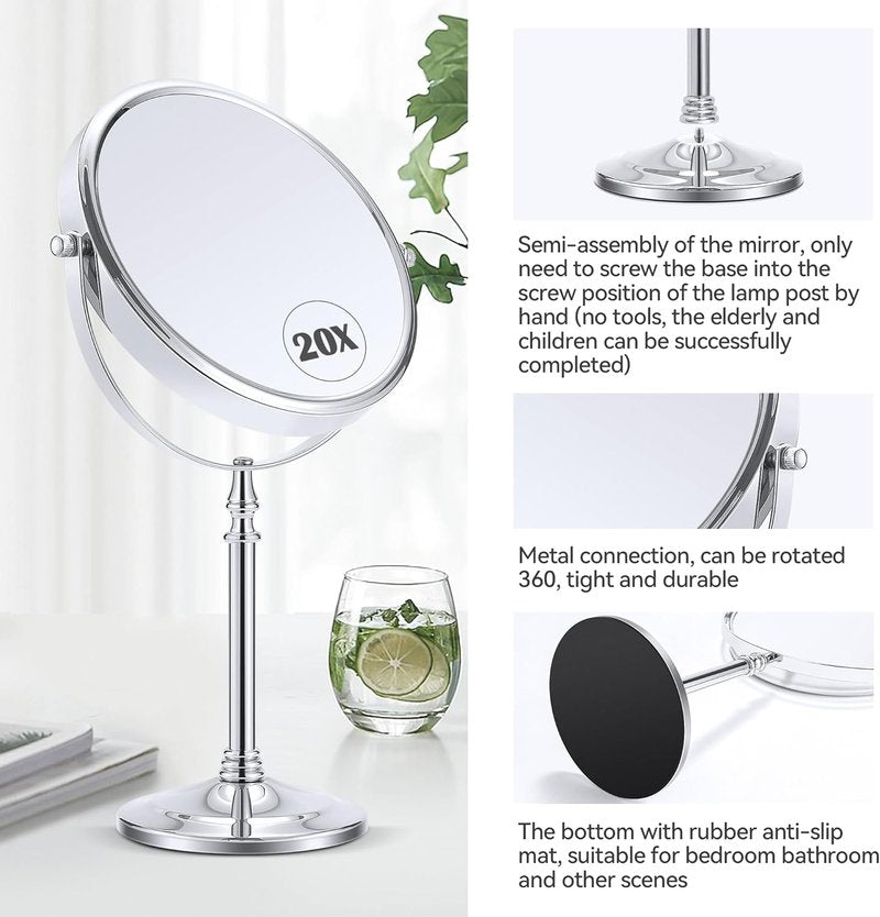 MIYADIVA 20x Magnifying Mirror - Double-Sided Vanity Mirror with 360° Rotation | 8-Inch Tabletop Design