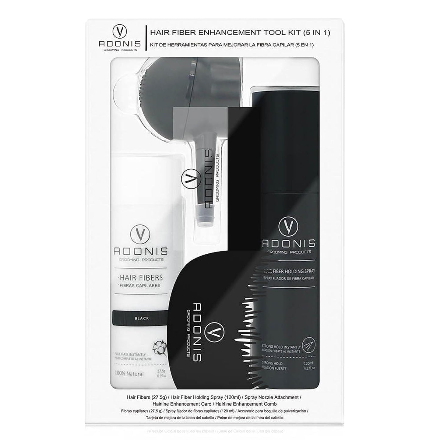 Adonis 5-in-1 Hair Fiber Kit | All-Natural Keratin Fibers, Spray & Applicator for Thinning Hair - Black