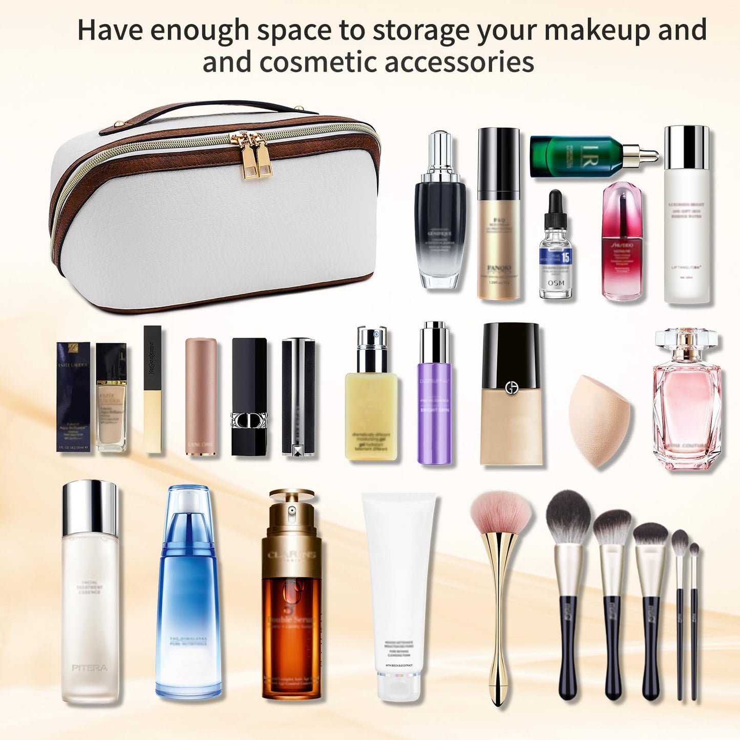 Sprfragrance Stylish Makeup Bag Organizer Travel Case for Women Cosmetic Bag for Toiletries and Makeup Waterproof Leather Cosmetic Bag Perfect Fit Home or on the Go (B-White/Brown)