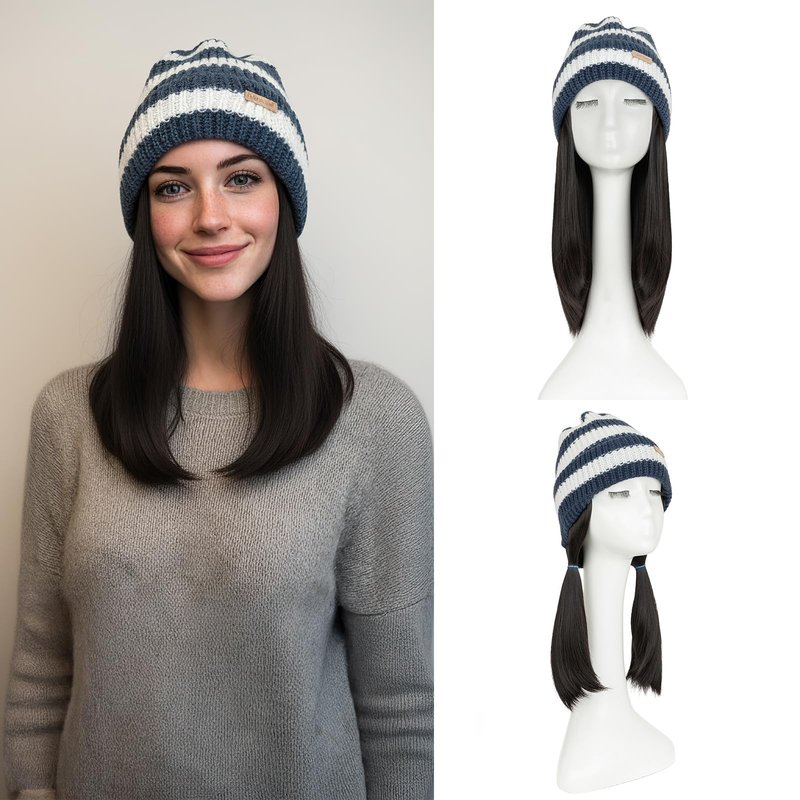 Benehair Beanie Wig Hair Extensions, Knitted Hats with Synthetic Bob Wig Hairpieces for Women Winter, 11 Inch Short Straight Dark Brown Hair with Blue & White Stripe Beanie