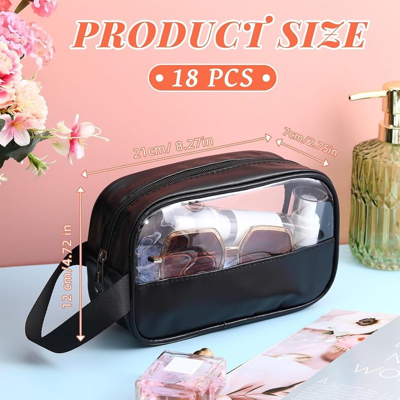 Clear Cosmetic Bags Set - 18 Pcs Waterproof Makeup & Toiletry Organizers for Women | Portable Travel Essentials (Black)