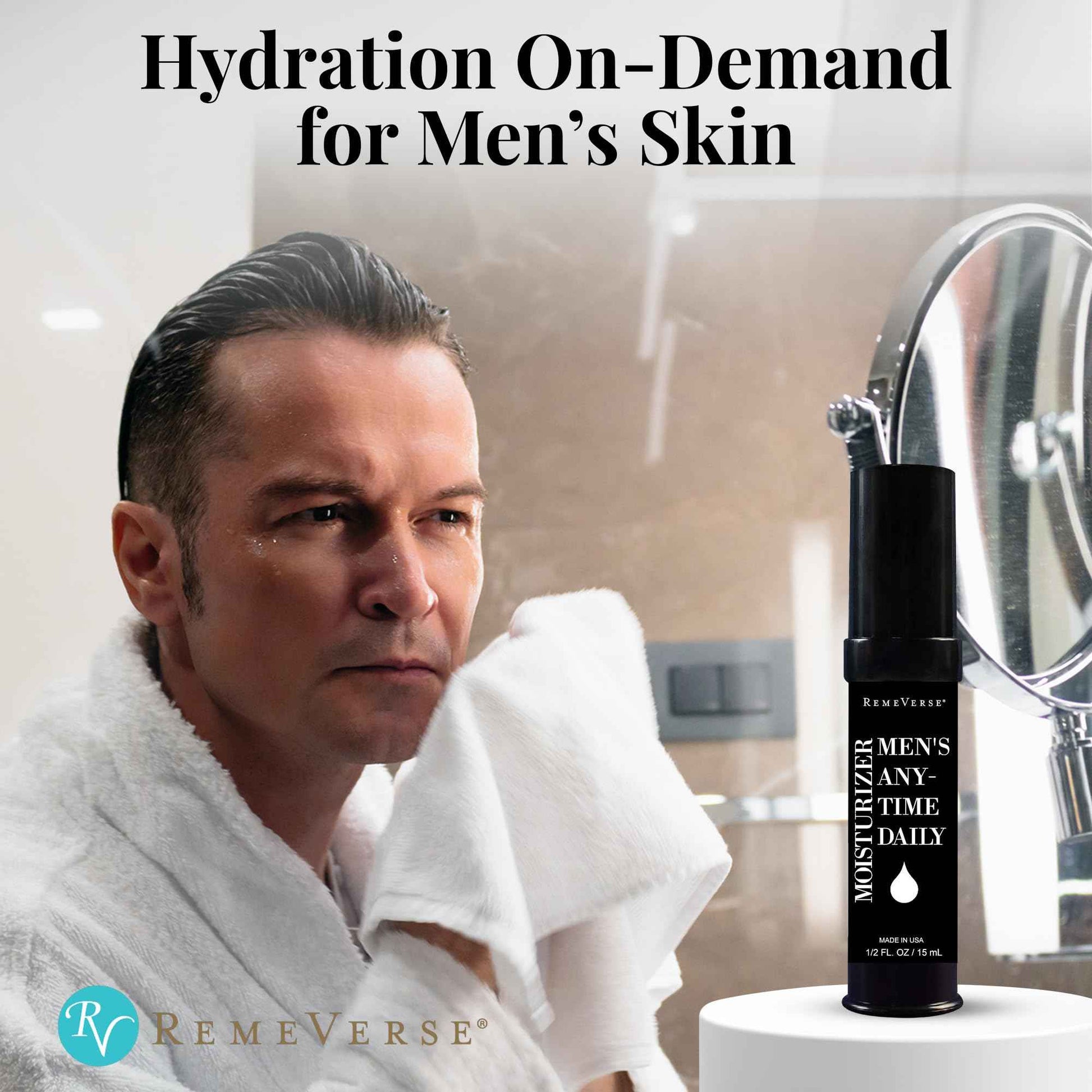 RemeVerse Men’s Anytime Daily Moisturizer with Hyaluronic Acid, Peptides, Vitamins C & E, Collagen, Green Tea - Smoothes & Hydrates Skin, Fragrance-Free, Water-Based, Youthful Care Formula - 15ml