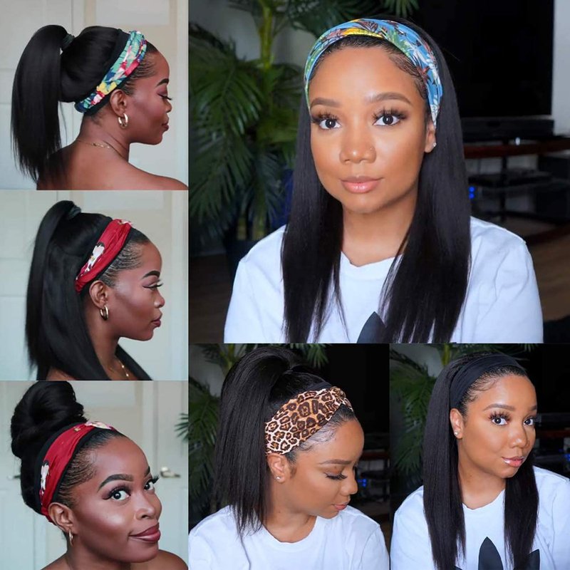 Headband Wig - 12 Inch Straight Human Hair for Black Women | Glueless Brazilian Virgin Hair, Natural Color, 150% Density