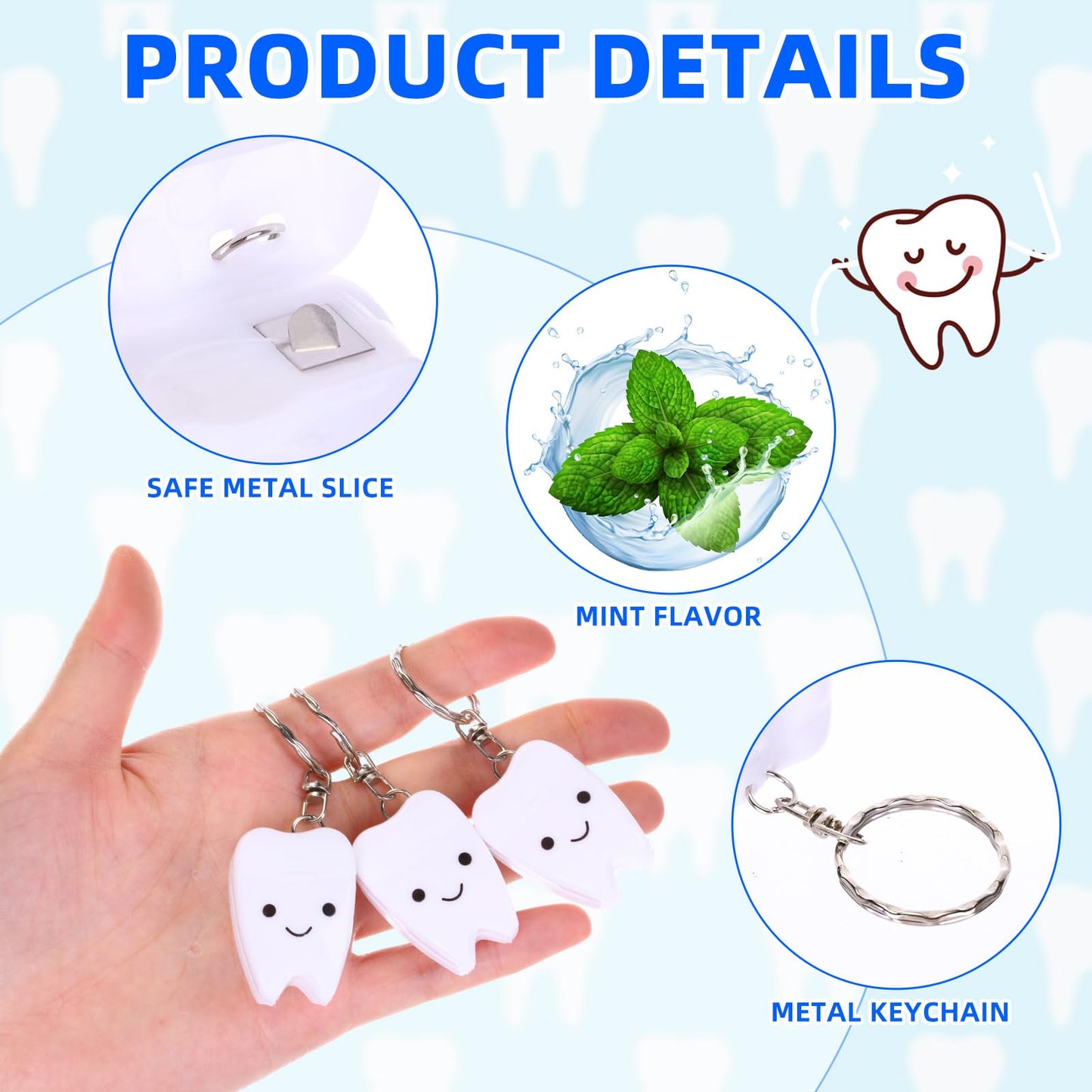 Landical 96 Pcs Mini Dental Floss Keychain Bulk Tooth Shaped Portable Teeth Floss Cleaning for Homeless Party Favors Travel Donated Gifts Teeth Cleaning Oral Care Mint Flavor 15 M /16. 4 Yard