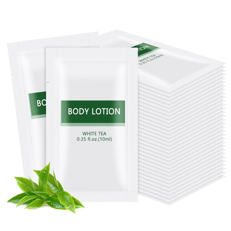 HQSLsund Travel Size Body Lotion Bulk Individually Wrapped - 200 Pack Refreshing Mini Lotion Single Use Supplies for Homeless Care Hotel Guests, White Tea Scent, 0.35 fl oz/10ml
