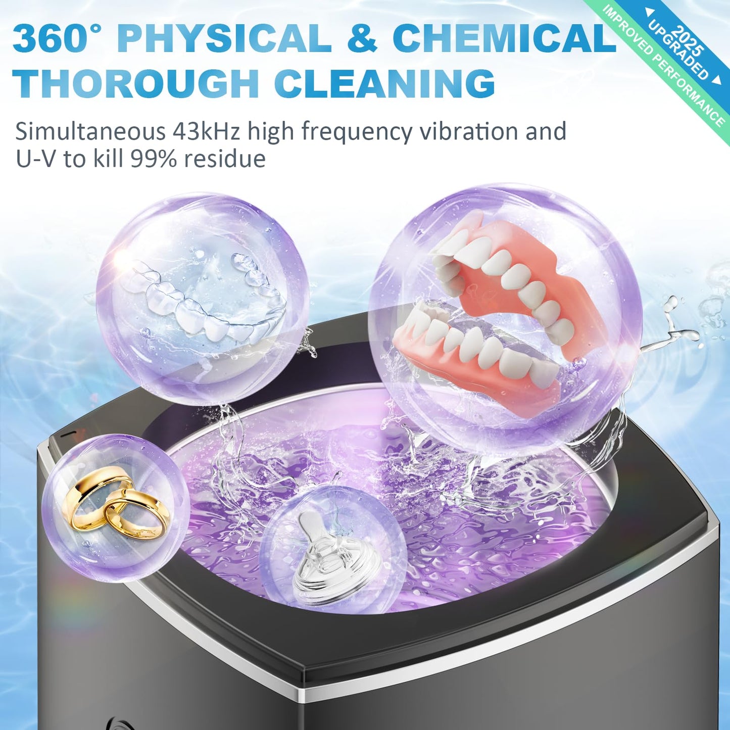 Ultrasonic Retainer Cleaner for Dentures - Sonic Denture Cleaner Machine for Mouth Guard Retainer Washer Sliver Jewelry Ring Brace Toothbrush Head Jewelry 43kHz Dental Tools Black