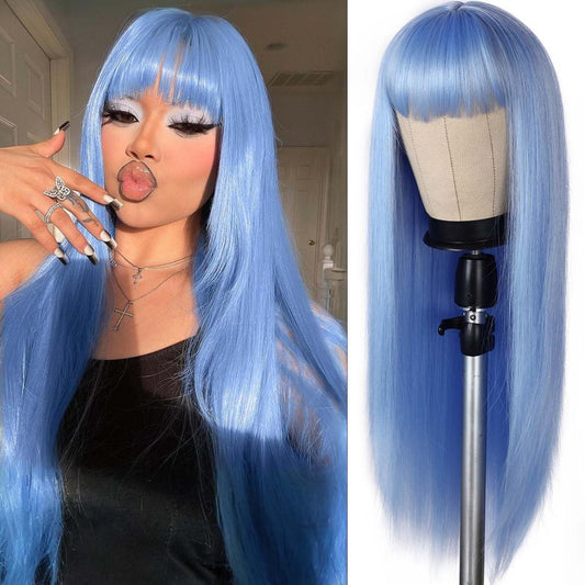 Lady Hanne Long Straight Wig With Bangs Light Blue Silky Straight Hair Wigs for Women 28 Inch Synthetic Heat Resistant Fiber Wig for Cosplay Daily Party Use