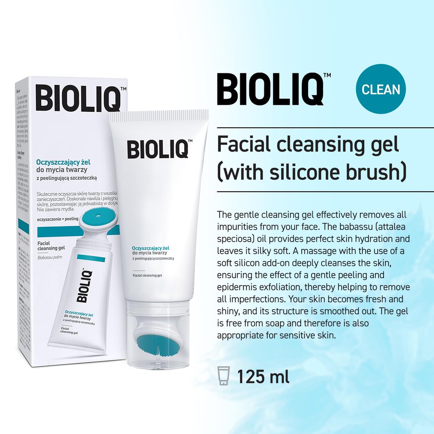 Bioliq - Clean Facial Cleansing Gel with Babassu Oil - Gentle Exfoliating Formula for Sensitive Skin, Soap-Free, Refreshing and Hydrating - 125ml