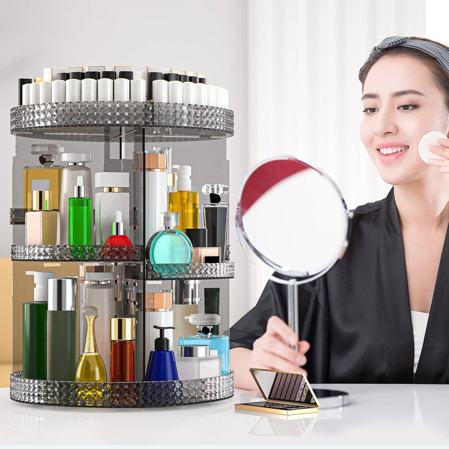 Rotating Makeup Organizer - Acrylic Cosmetic Storage with 7 Layers | Large Capacity for Brushes & Lipsticks - Gray
