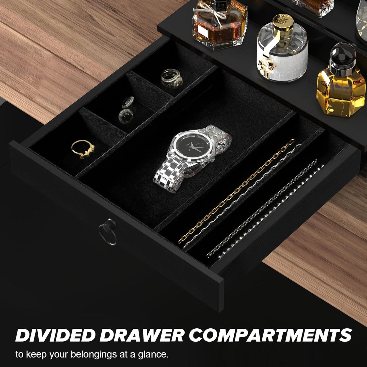 Cologne Organizer for Men - 4-Tier Black Wood Perfume Holder with Felt Lining & Hidden Compartment | Perfect Gift Idea