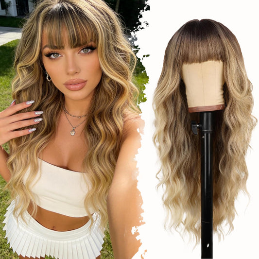 Ombre Blonde Wig with Bangs Long Wavy Wig Curly Wigs for White Women 26 Inches Synthetic Wig Dirty Blonde Wig with Dark Roots Natural Looking Hair Replacement Wigs for Women Holiday Daily Party Use