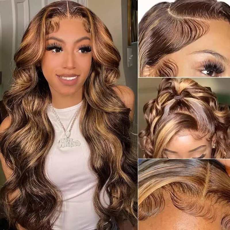 ANDRIA 13x4x1 HD Lace Front Wigs Body Wave Glueless Pre Plucked Lace Frontal Wigs For Black Women 250 density Loose Wave Synthetic Lace Front Wig With Baby Hair 26 Inch (Honey Blonde Highlight)